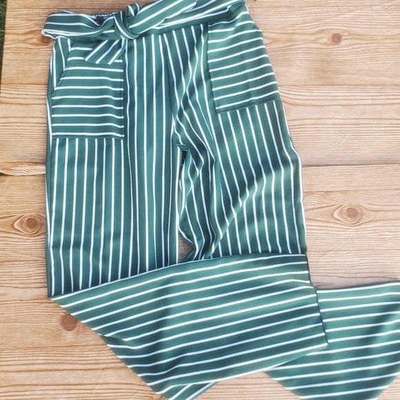 See You Monday Pants - Women’s Pants - Green with white pinstripes and flared legs - Size Large NWOT